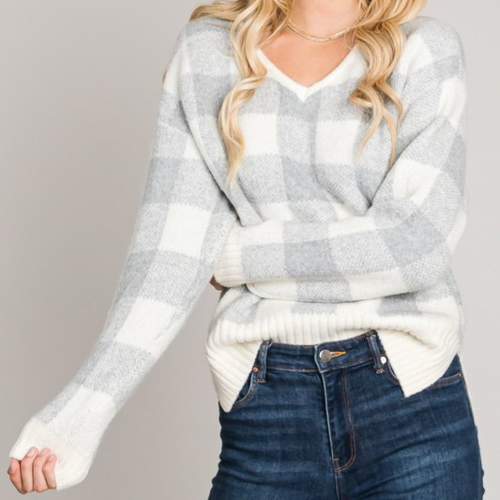 Allie Rose Cozy Soft V-Neck Plaid Sweater Grey